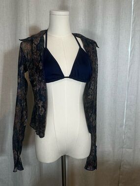 Fashion Nova Sheer Floral Navy and Gold Swim Coverup